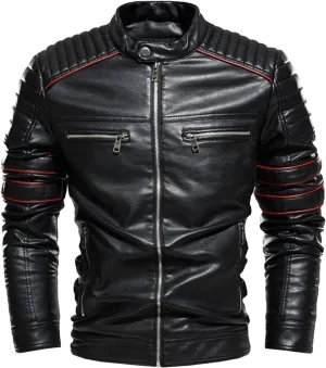 Men's Chest Zip Leather Jacket Slim Motorcycle Leather Jacket Men Cuffs Zipper Lightweight Faux Leather Jacket