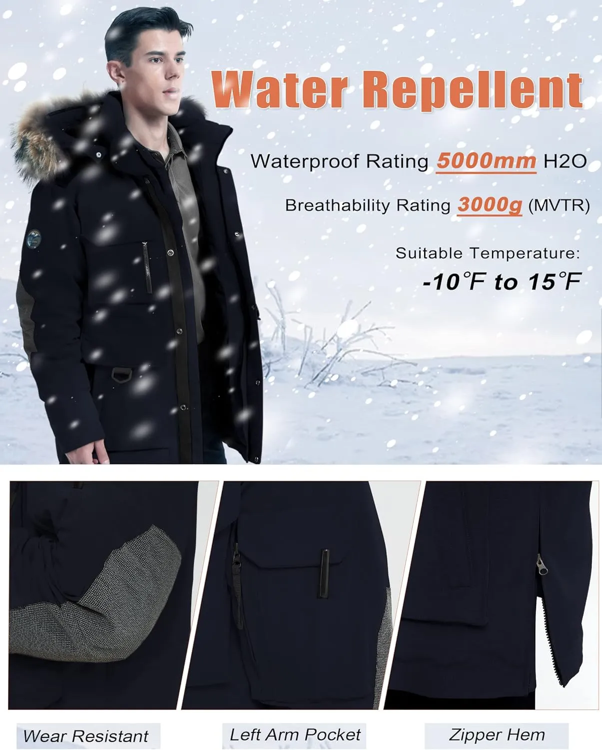 Men's Down Parka Extreme Warm Winter Jacket with Real Fur Hood Short/Long