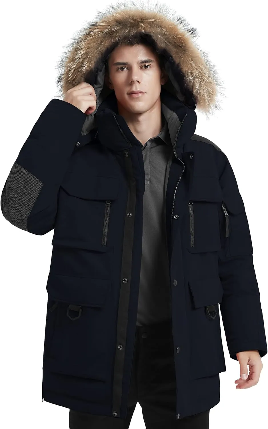 Men's Down Parka Extreme Warm Winter Jacket with Real Fur Hood Short/Long