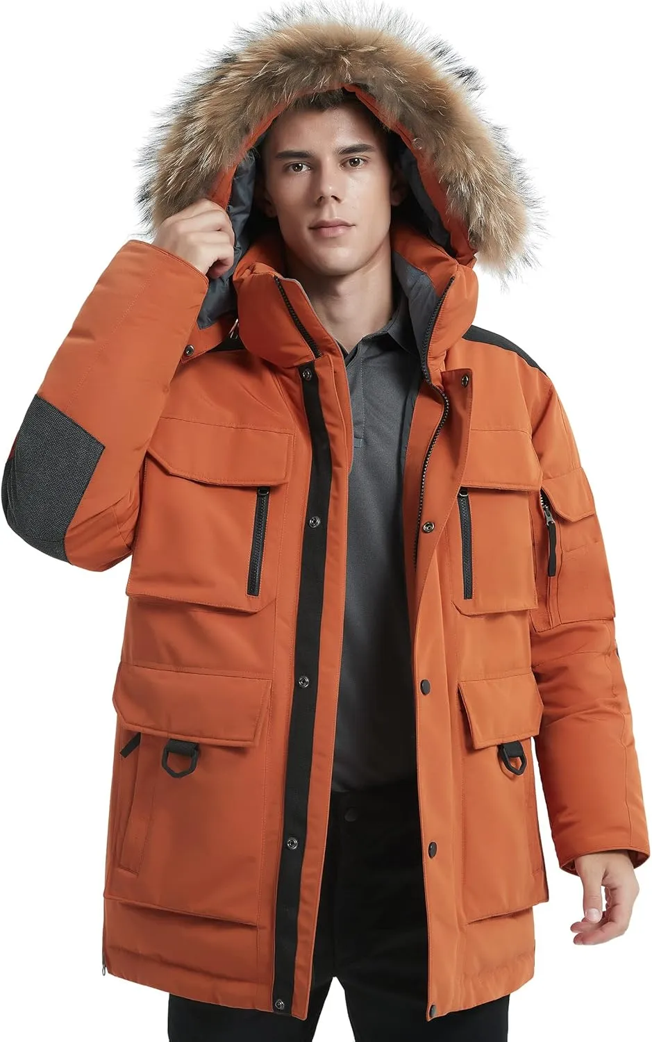 Men's Down Parka Extreme Warm Winter Jacket with Real Fur Hood Short/Long