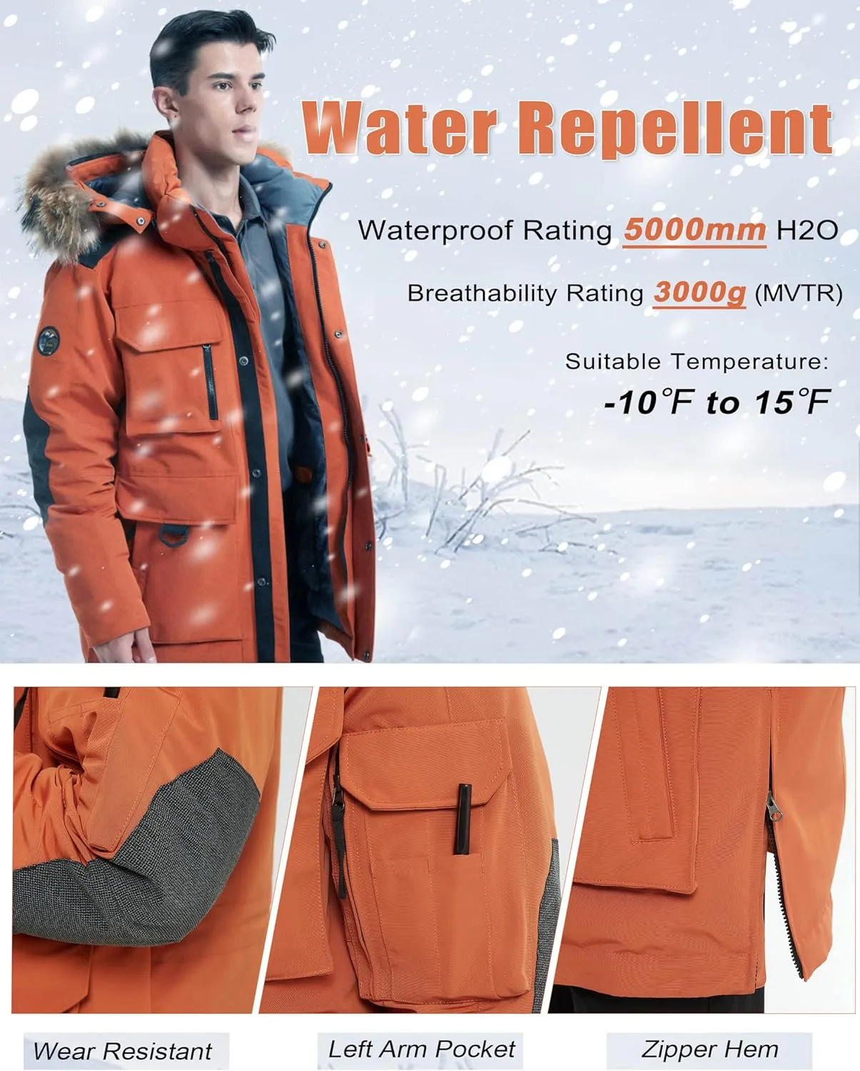 Men's Down Parka Extreme Warm Winter Jacket with Real Fur Hood Short/Long