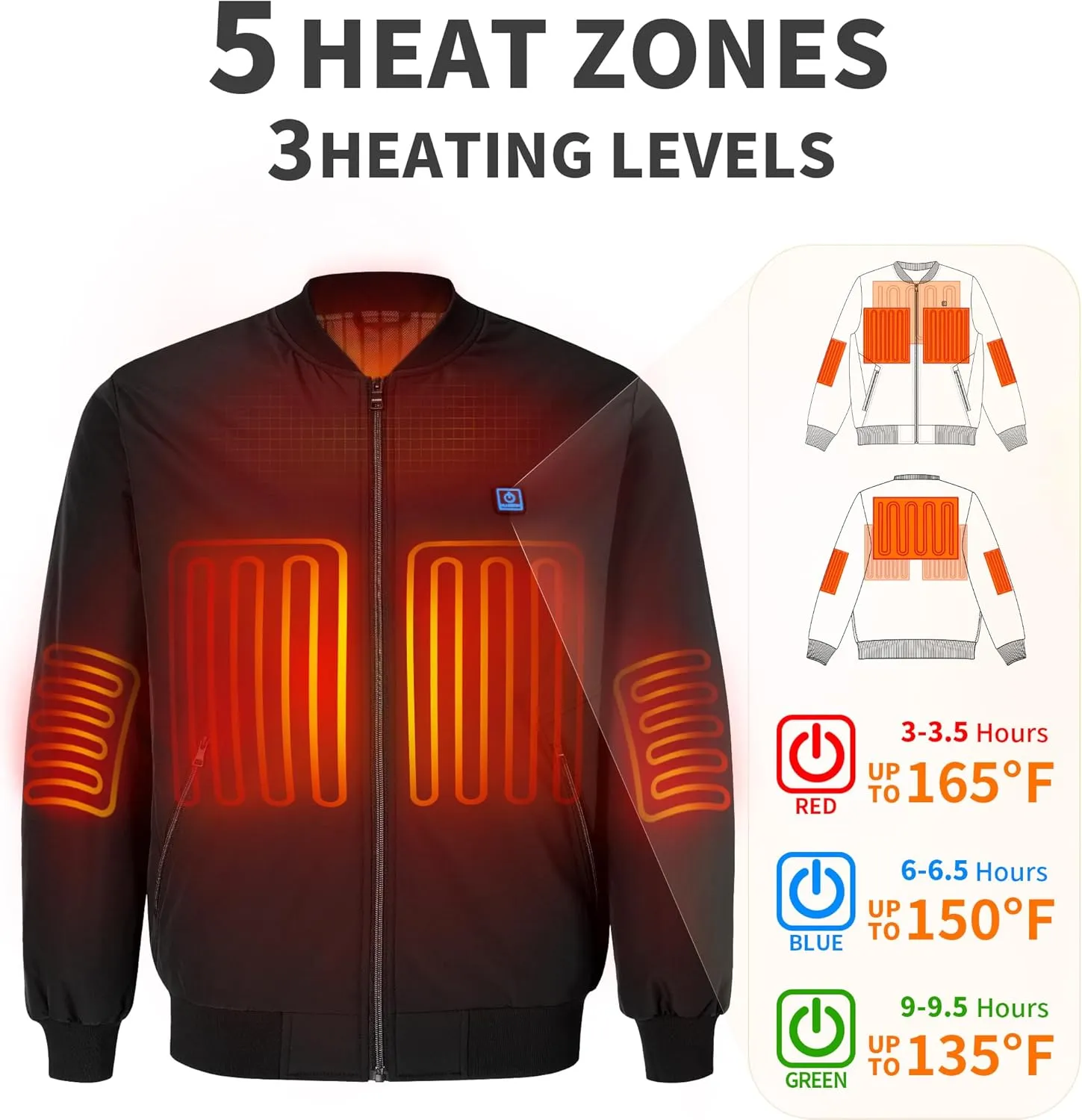 Mens Heated Jacket with 12V Battery, Windproof Bomber Jackets Winter Warm Casual Heating Coat with 5 Heating Areas