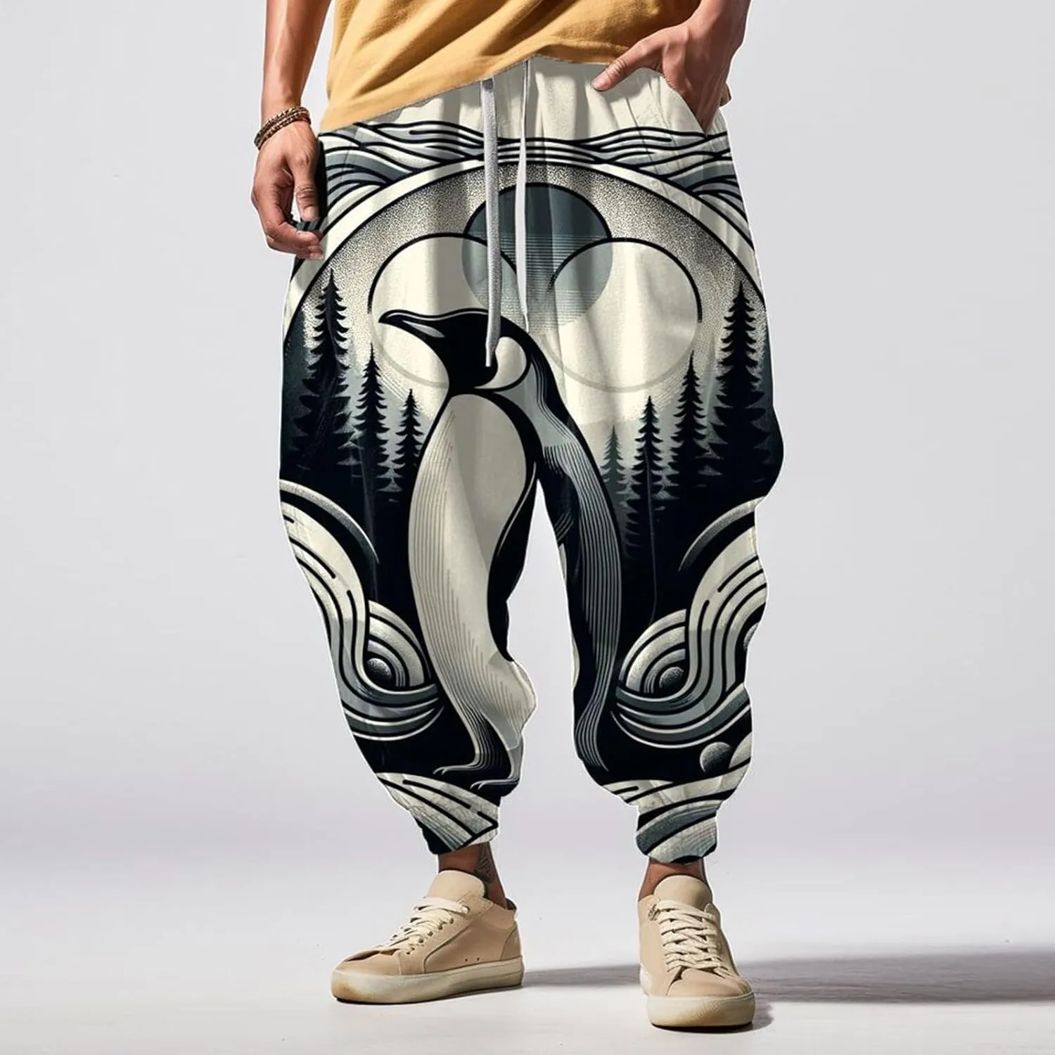Men's Linen Harem Drawstring Pants Men's Autumn Fun Print Fashion Street Drawstring Workout Track Pants with Pockets