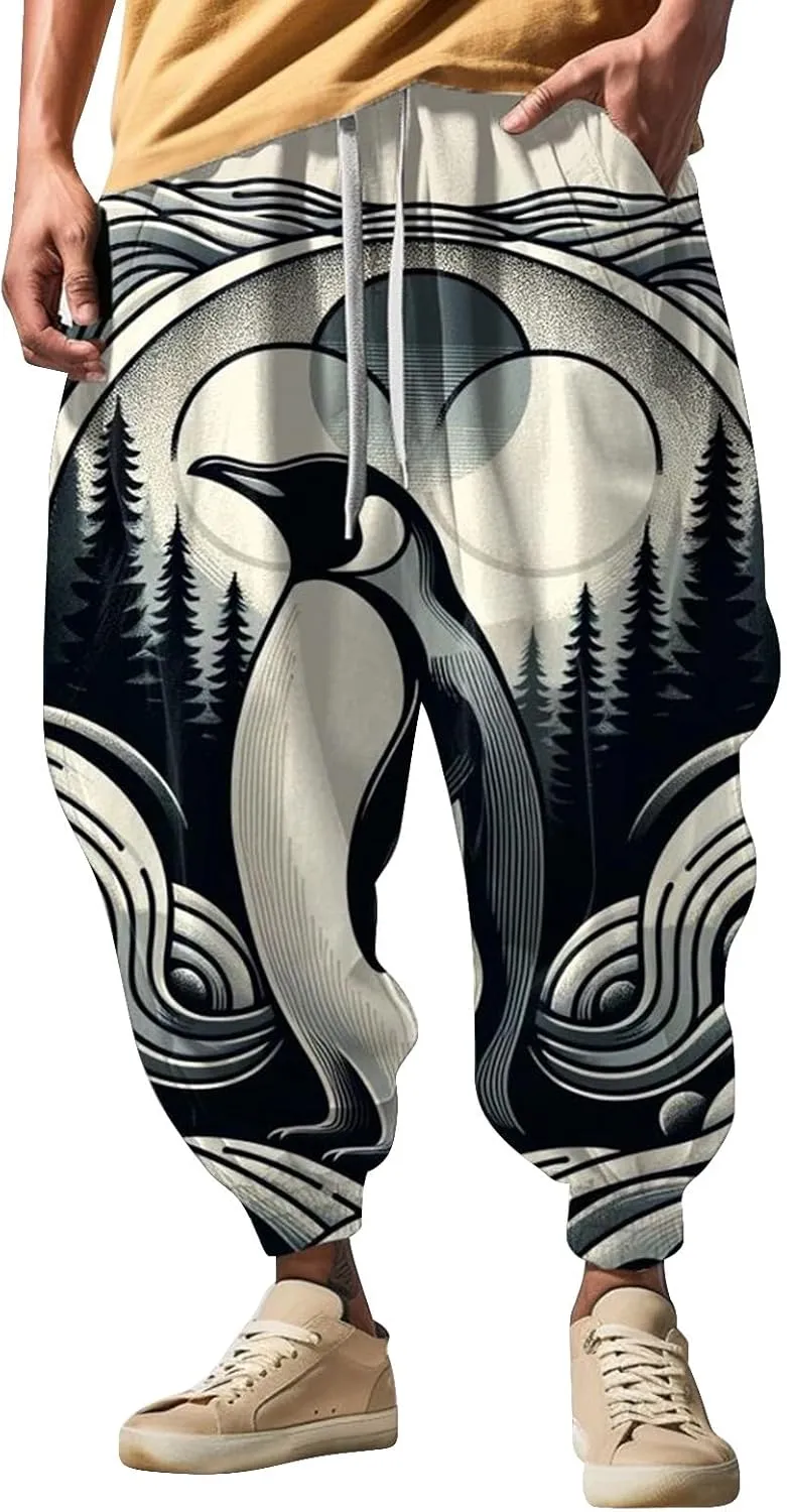 Men's Linen Harem Drawstring Pants Men's Autumn Fun Print Fashion Street Drawstring Workout Track Pants with Pockets