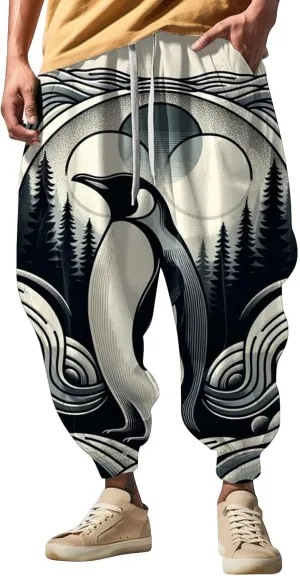 Men's Linen Harem Drawstring Pants Men's Autumn Fun Print Fashion Street Drawstring Workout Track Pants with Pockets