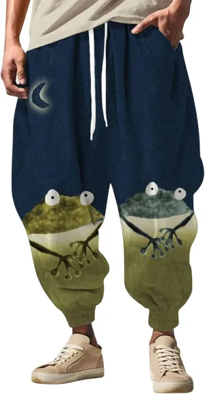 Men's Linen Harem Drawstring Pants Men's Autumn Fun Print Fashion Street Drawstring Workout Track Pants with Pockets