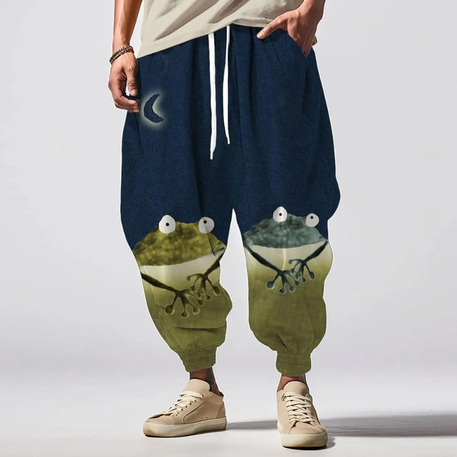 Men's Linen Harem Drawstring Pants Men's Autumn Fun Print Fashion Street Drawstring Workout Track Pants with Pockets