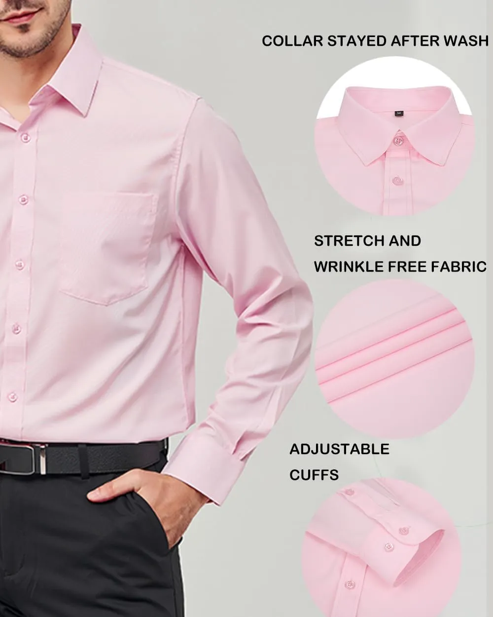 Men's Long Sleeve Dress Shirts Regular Fit and Wrinkle Free Stretch Buttown Down Shirt with Pocket