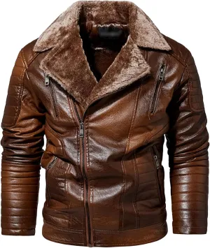 Men's Motorcycle Warm Leather Jacket Winter Outdoor Faux Leather Coat Sherpa Fur Collar Bike Bomber Jacket