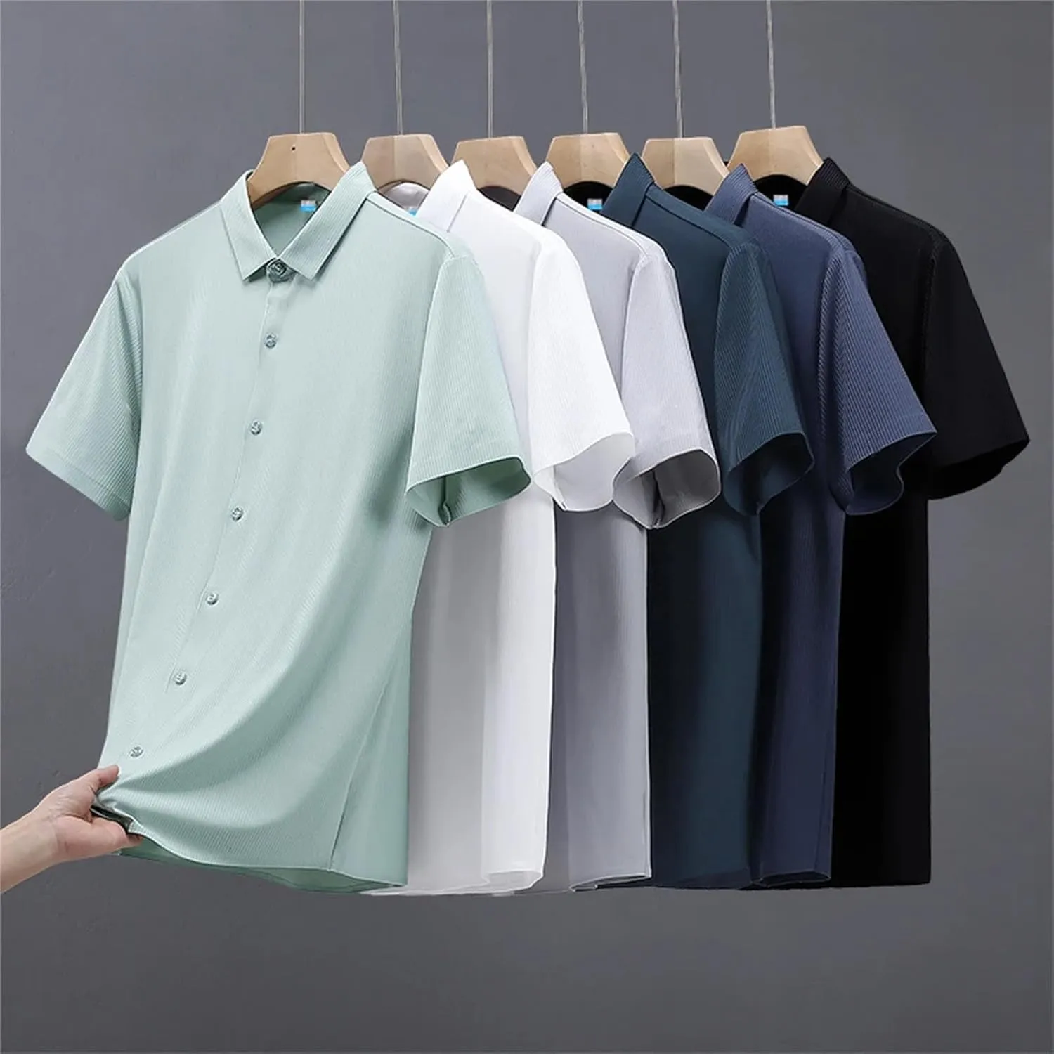 Men's Plus Size Summer Cooling Nylon Silk Quick Dry Shirts Breathable Solid Casual Short Sleeve Shirt Blouse