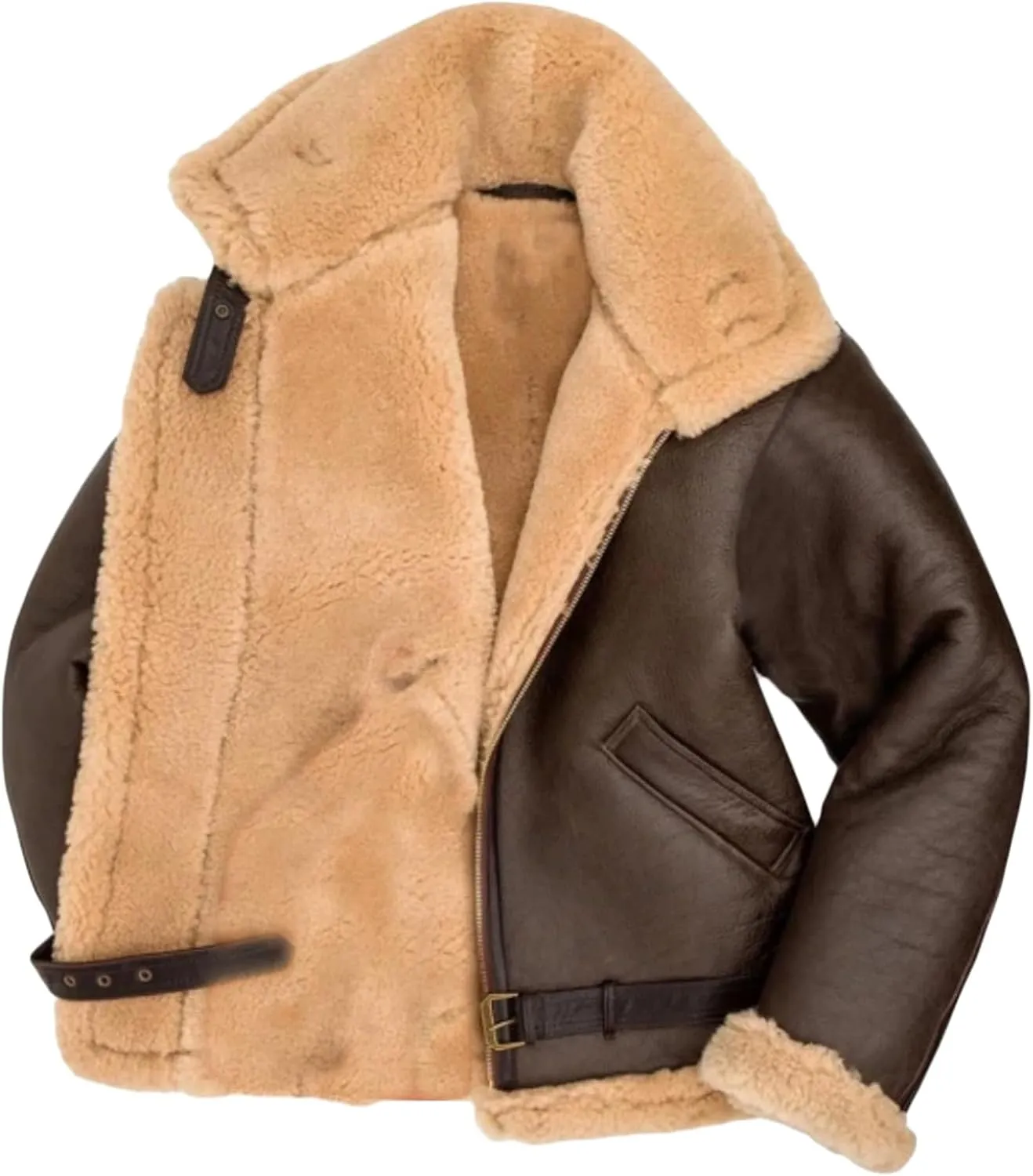 Men's Sherpa Fur Jacket Warm Winter Faux Shearling B3 Bomber Coat Men Thickened Lapel Motorcycle Leather Outwear