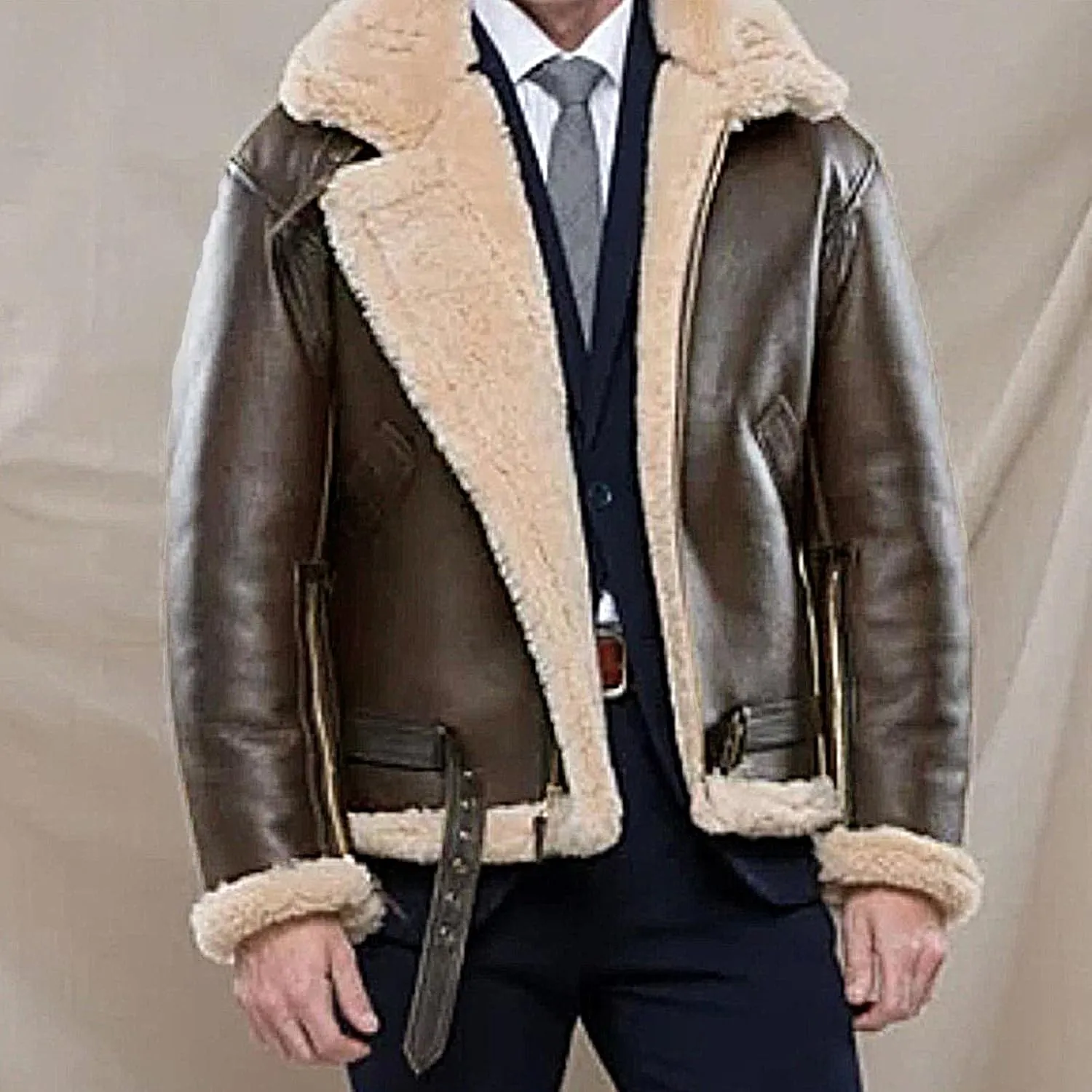 Men's Sherpa Fur Jacket Warm Winter Faux Shearling B3 Bomber Coat Men Thickened Lapel Motorcycle Leather Outwear