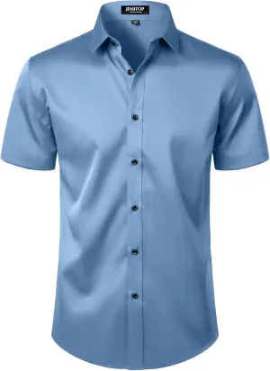 Men's Stretch Wrinkle Free Dress Shirts Formal Wedding Prom Short Sleeve Slim Fit Button Down Shirt