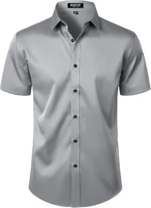 Men's Stretch Wrinkle Free Dress Shirts Formal Wedding Prom Short Sleeve Slim Fit Button Down Shirt