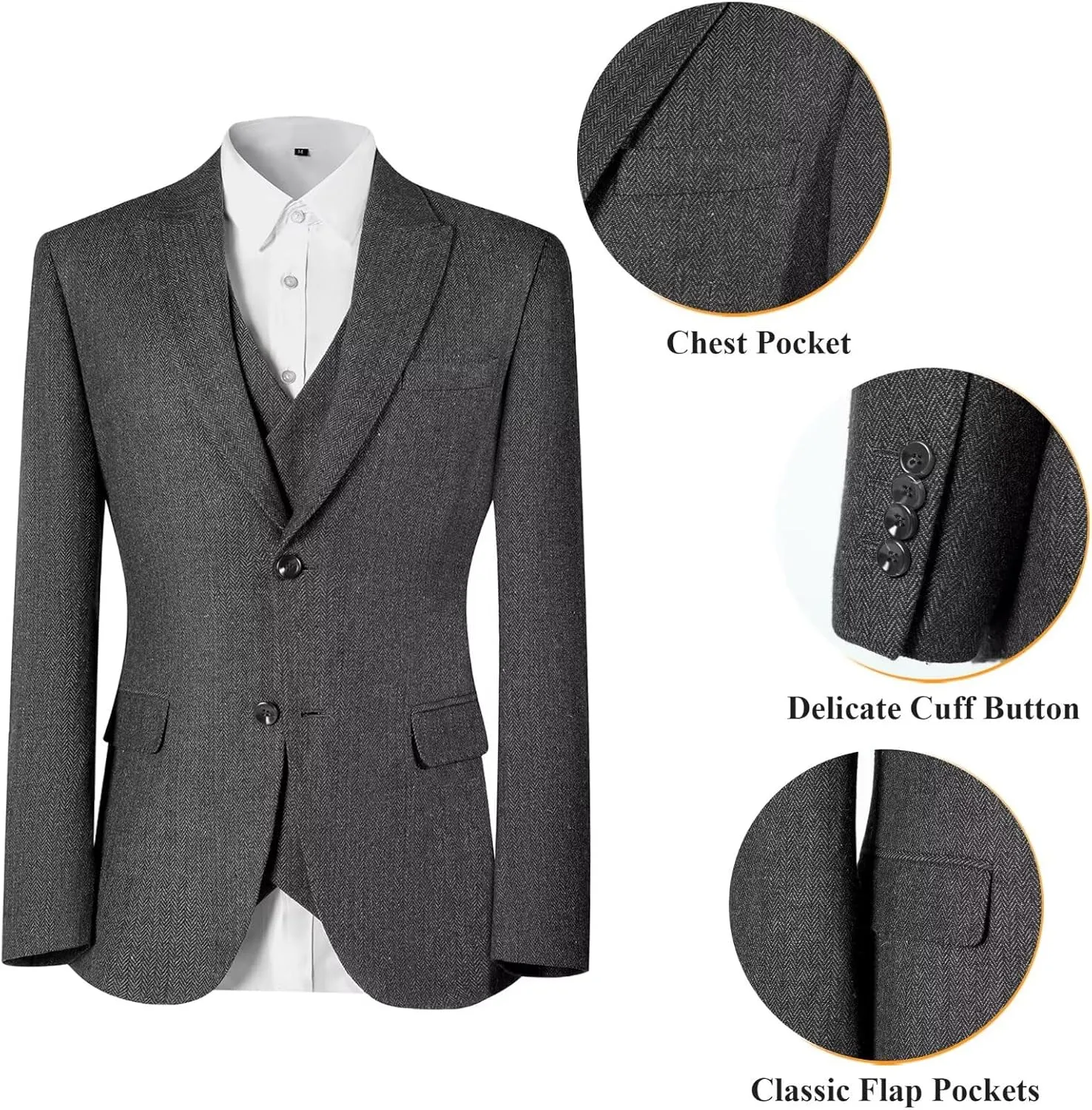 Men's Suits Herringbone Tweed Suits for Men Retro 3 Piece Peak Lapel Blazer Wedding Prom Suit Jacket Vest Pants Set
