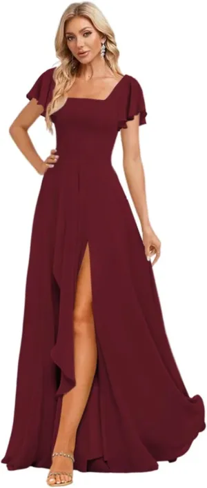 Miao Duo Women's Chiffon Flutter Sleeves Bridesmaid Dresses with Slit Square Neck Backless Formal Evening Party Gowns YZTS240