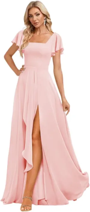 Miao Duo Women's Chiffon Flutter Sleeves Bridesmaid Dresses with Slit Square Neck Backless Formal Evening Party Gowns YZTS240