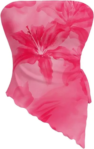 Milumia Women's Tie Dye Drawstring Side Tube Top Lettuce Asymmetrical Hem Bandeaus