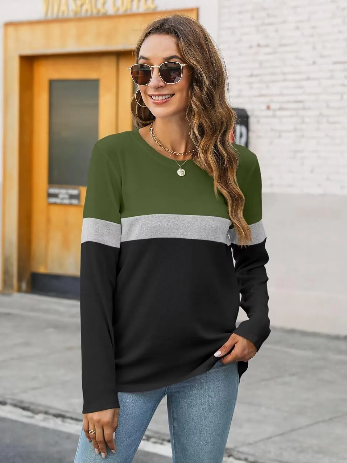 Minetom Women's Color Block Tunic Tops Casual Long Sleeve Shirts Round Neck Pullover