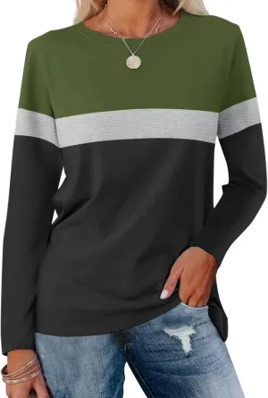 Minetom Women's Color Block Tunic Tops Casual Long Sleeve Shirts Round Neck Pullover