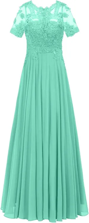 Monalia Women Lace A Line Bridesmaid Long Dress Formal Short Sleeves Chiffon Evening Prom Gown(Mint, US6)