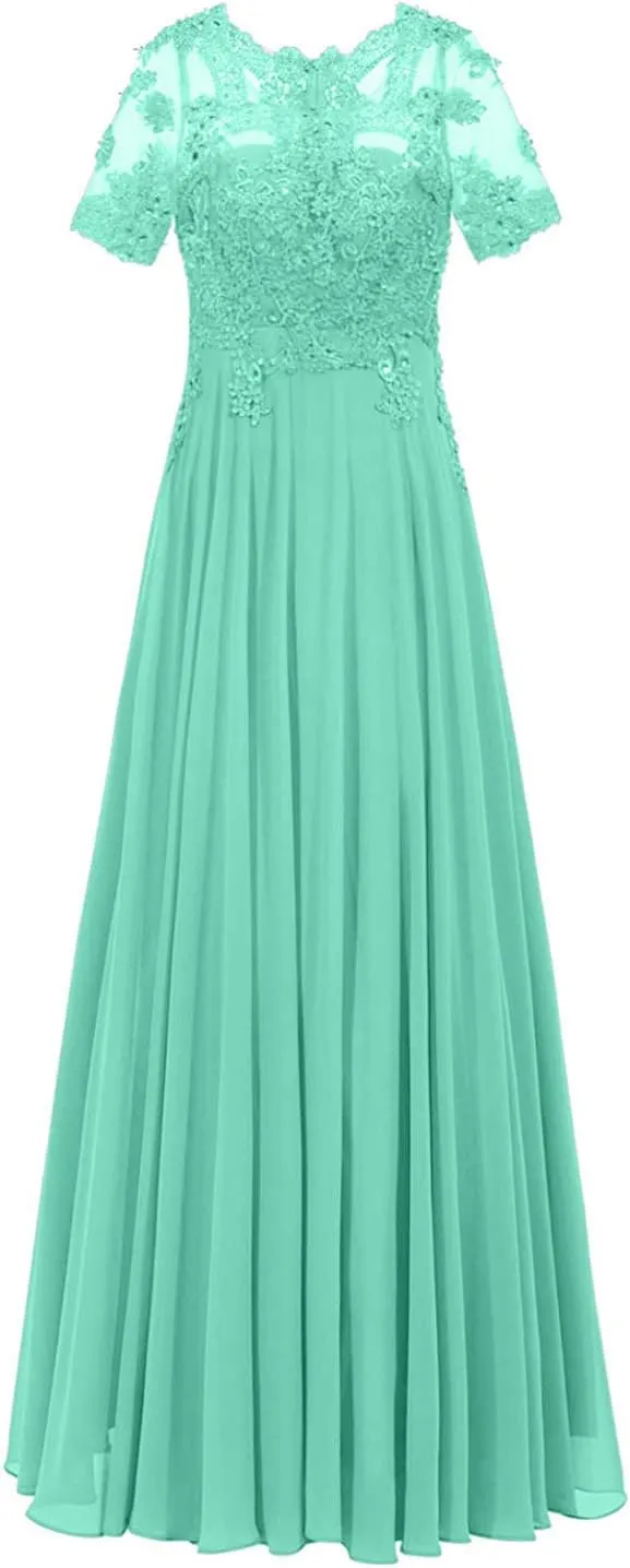 Monalia Women Lace A Line Bridesmaid Long Dress Formal Short Sleeves Chiffon Evening Prom Gown(Mint, US6)