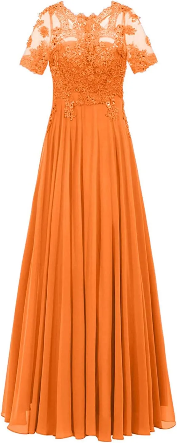 Monalia Women Lace A Line Bridesmaid Long Dress Formal Short Sleeves Chiffon Evening Prom Gown(Orange, US6)