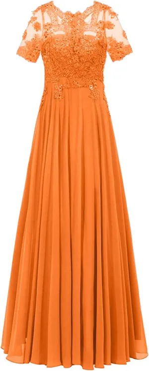 Monalia Women Lace A Line Bridesmaid Long Dress Formal Short Sleeves Chiffon Evening Prom Gown(Orange, US6)