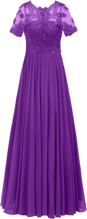Monalia Women Lace A Line Bridesmaid Long Dress Formal Short Sleeves Chiffon Evening Prom Gown(Purple, US22)