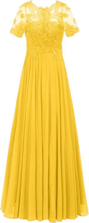Monalia Women Lace A Line Bridesmaid Long Dress Formal Short Sleeves Chiffon Evening Prom Gown(Yellow, US22)