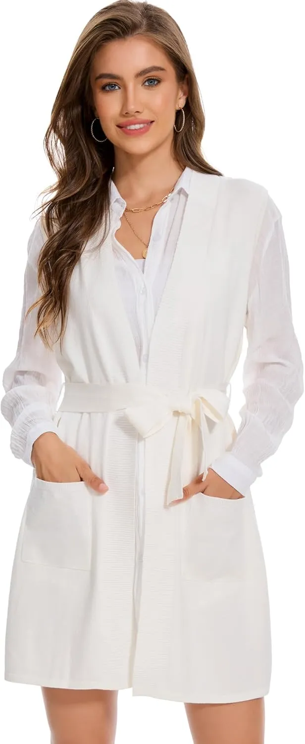 Moss Rose Long Vest for Women Sleeveless Cardigans Ribbed Knit Outwear with Belt and Pockets