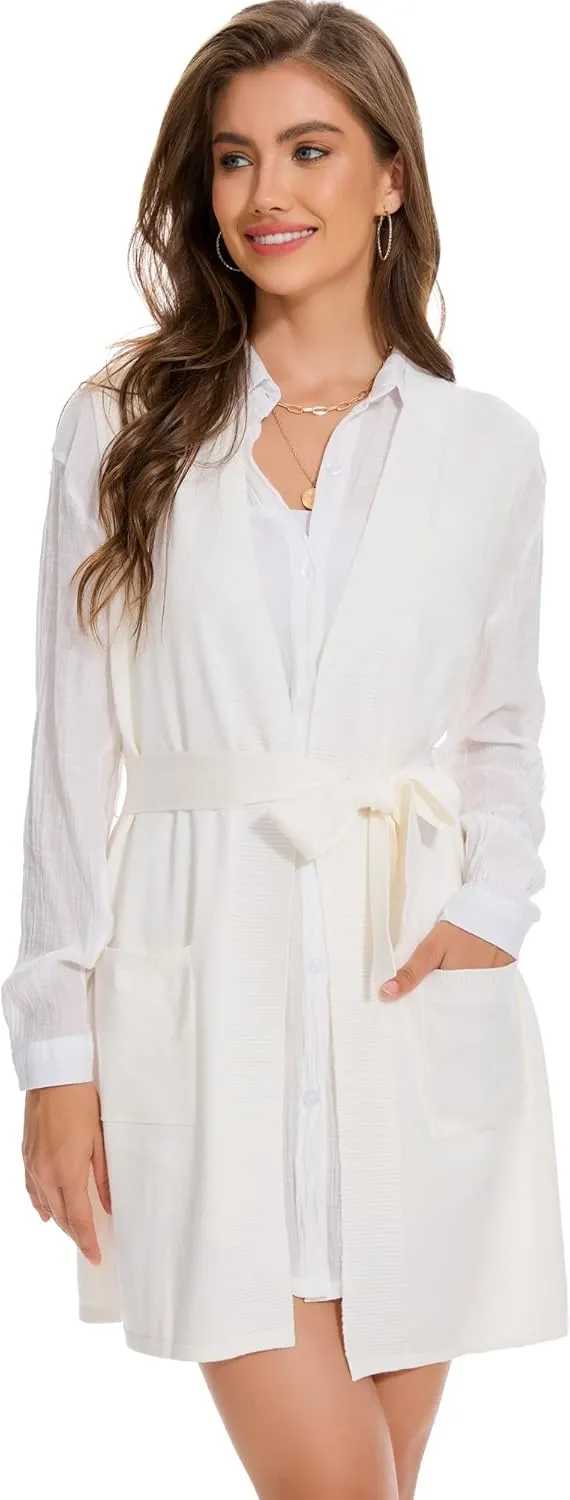 Moss Rose Long Vest for Women Sleeveless Cardigans Ribbed Knit Outwear with Belt and Pockets