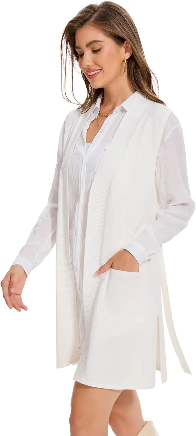 Moss Rose Long Vest for Women Sleeveless Cardigans Ribbed Knit Outwear with Belt and Pockets