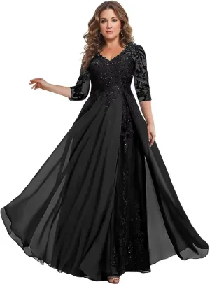 Mother of The Bride Dresses for Wedding with Sleeve Formal Dress Lace Appliques Chiffon LW041