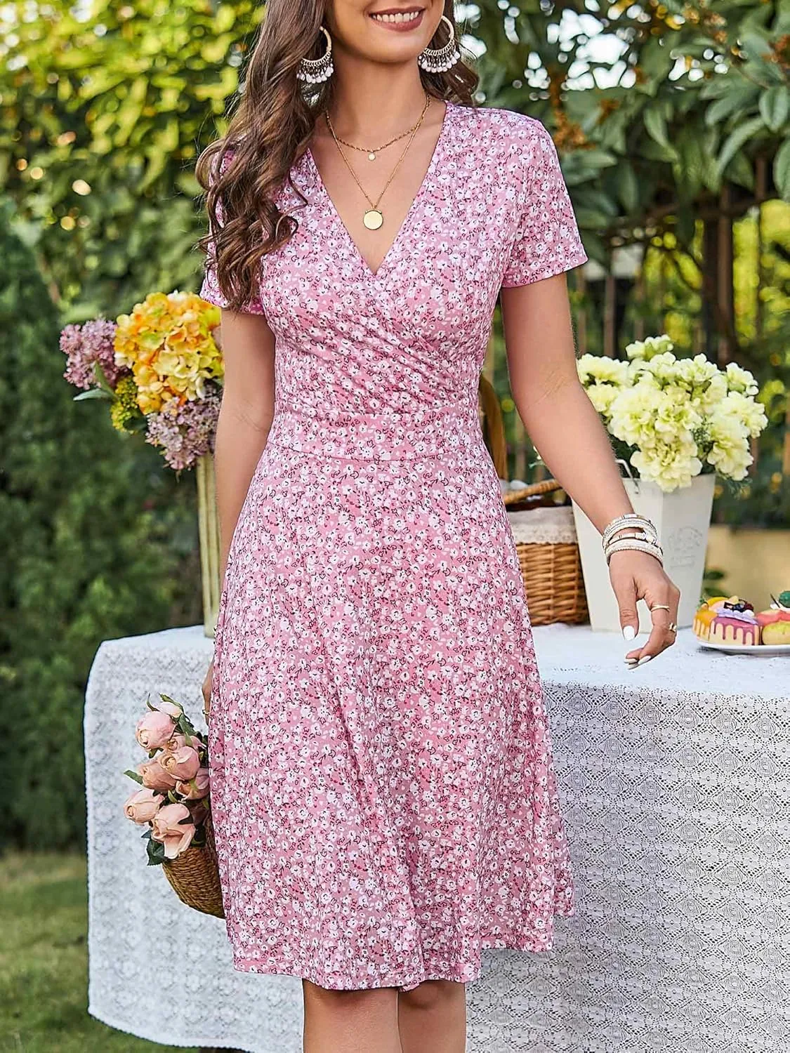 MSBASIC Womens Summer Wrap V Neck Casual Dresses Floral Short Sleeve A-Line Midi Sundress