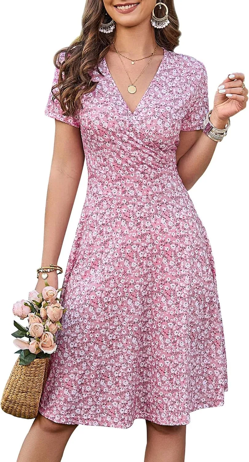 MSBASIC Womens Summer Wrap V Neck Casual Dresses Floral Short Sleeve A-Line Midi Sundress