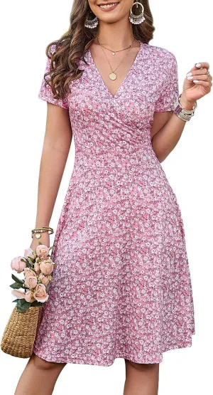 MSBASIC Womens Summer Wrap V Neck Casual Dresses Floral Short Sleeve A-Line Midi Sundress