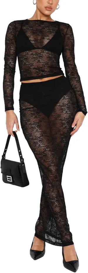 NUFIWI Women Floral Lace 2 Piece Outfits Long Sleeve Lace Mesh Shirt Top Bodycon Maxi Skirt Matching Set Streetwear
