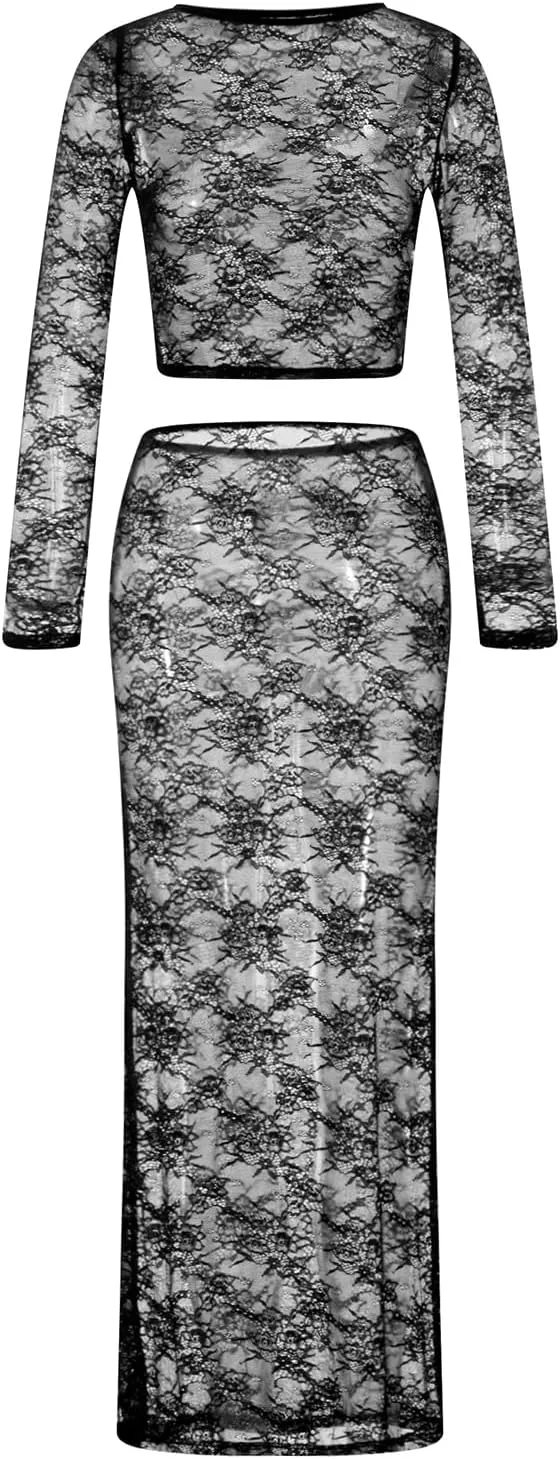 NUFIWI Women Floral Lace 2 Piece Outfits Long Sleeve Lace Mesh Shirt Top Bodycon Maxi Skirt Matching Set Streetwear