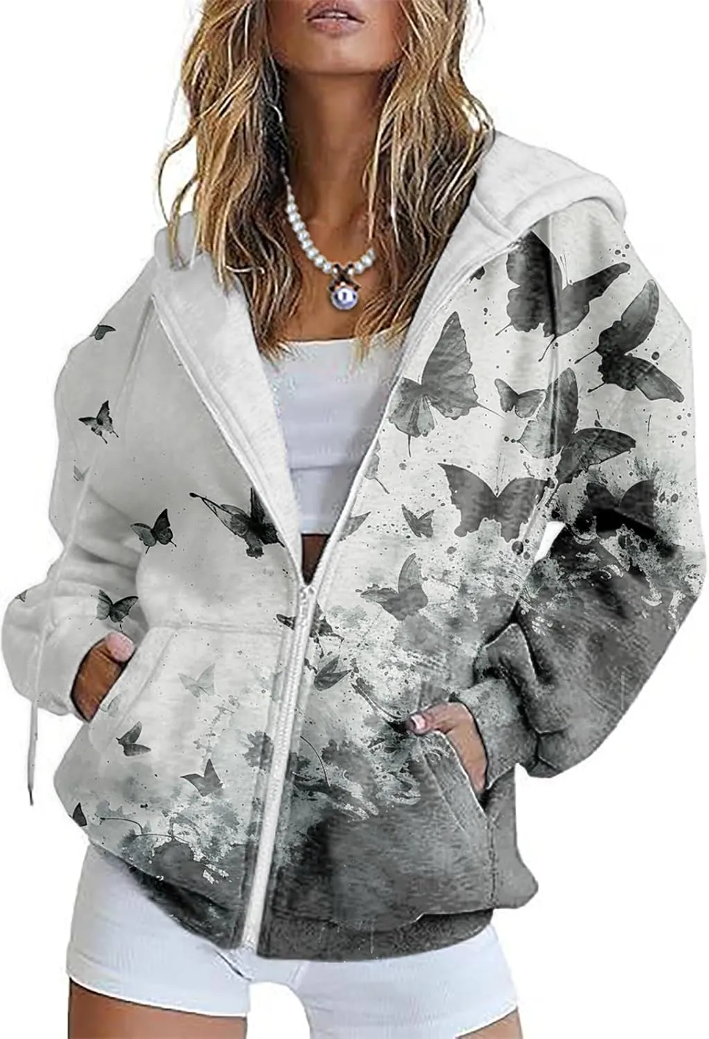 Oversized Sweatshirt Women Butterfly Graphic Hoodies Y2K Full Zip Up Long Sleeve Fall Sweatshirts Drawstring Jackets