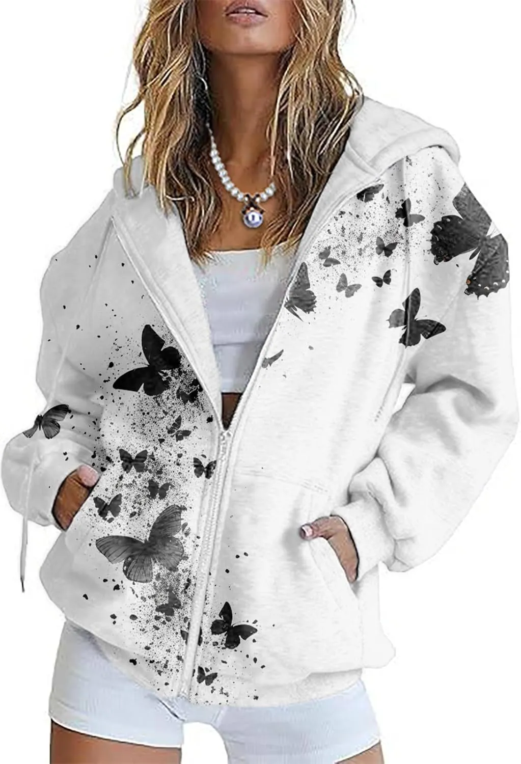 Oversized Sweatshirt Women Butterfly Graphic Hoodies Y2K Full Zip Up Long Sleeve Fall Sweatshirts Drawstring Jackets