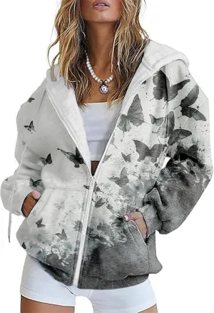 Oversized Sweatshirt Women Butterfly Graphic Hoodies Y2K Full Zip Up Long Sleeve Fall Sweatshirts Drawstring Jackets
