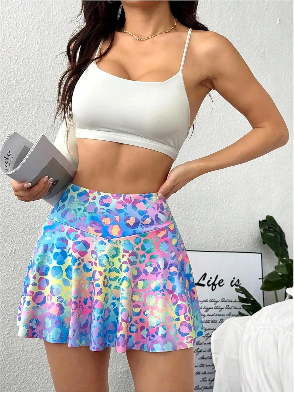 OYOANGLE Women's Graphic Print Athletic Tennis Skorts Ruffle A Line Skirt with Built in Shorts Activewear