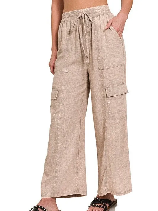 Painting My Own Sky Washed Linen Elastic Waist Cargo Pants
