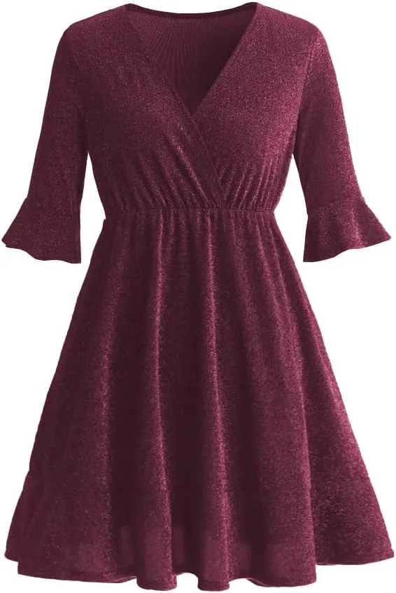 Parara Plus Size Sparkly Cocktail Party Dress for Women V Neck Short Sleeve Evening Dresses