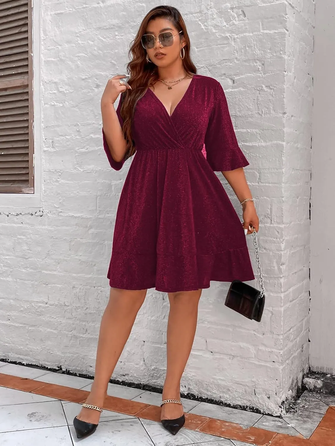 Parara Plus Size Sparkly Cocktail Party Dress for Women V Neck Short Sleeve Evening Dresses