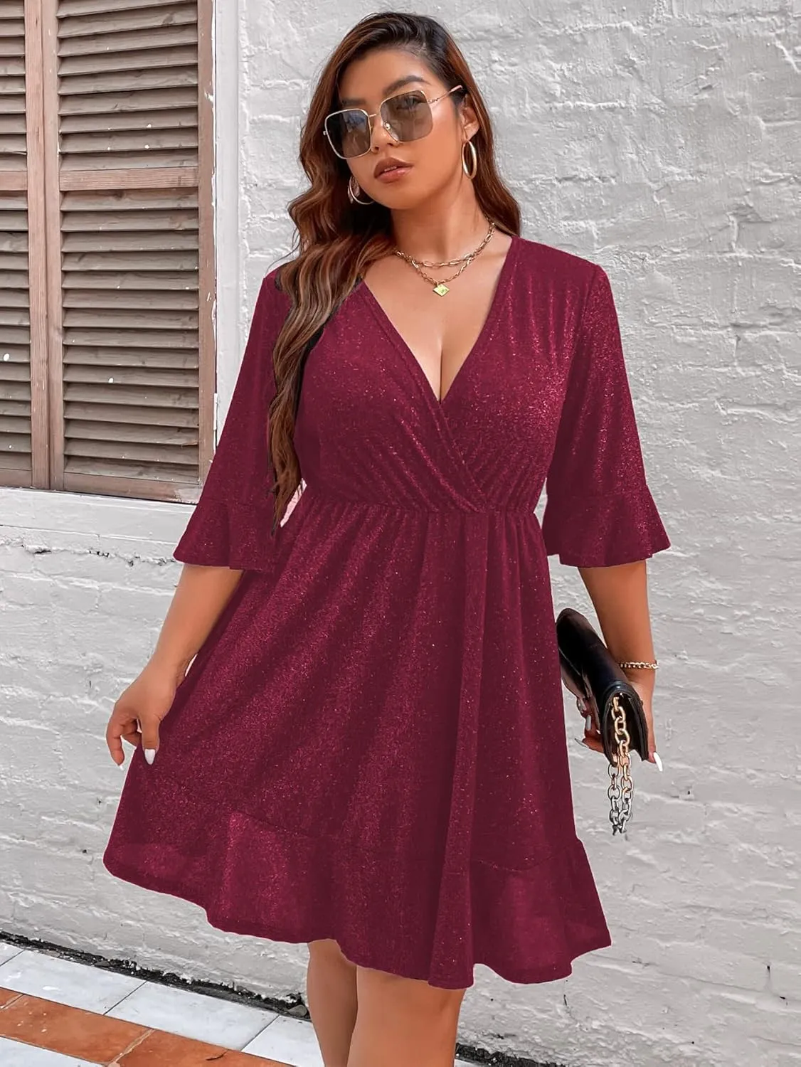 Parara Plus Size Sparkly Cocktail Party Dress for Women V Neck Short Sleeve Evening Dresses