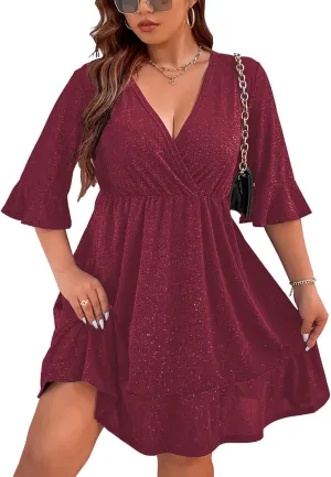 Parara Plus Size Sparkly Cocktail Party Dress for Women V Neck Short Sleeve Evening Dresses