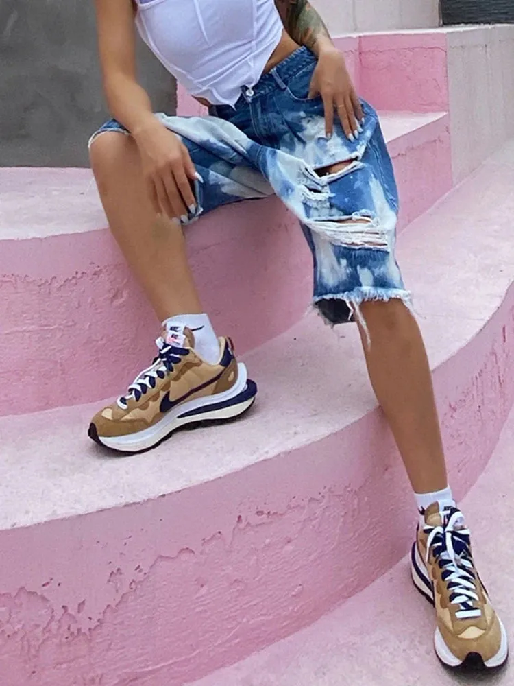 Patchwork Pockets Hole Denim Shorts For Women High Waist Hit Color Raw Hem Casual Wide Leg Pants 2023 Loose Clothing Style