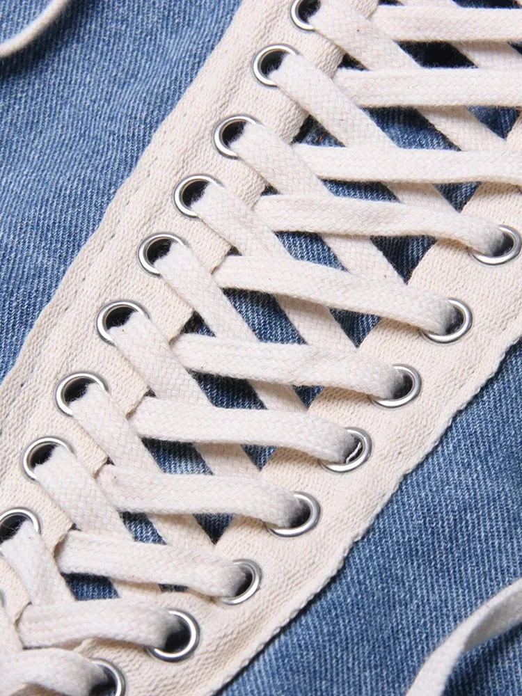 Patchwork Ribbons Denim Shorts For Women High Waist Hollow Out Casual Streetwear Short Trousers Female Fashion 2022